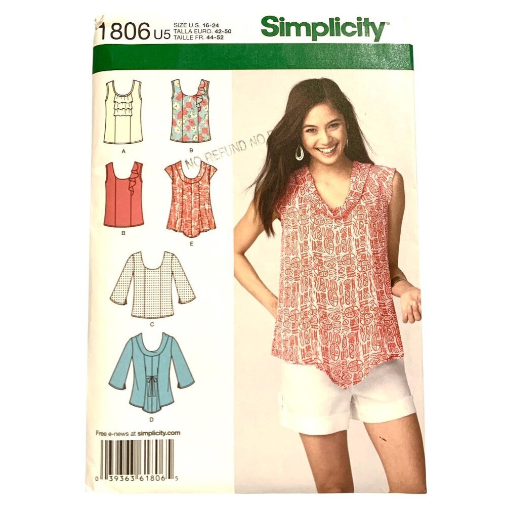 Simplicity 1806 Pattern Size Women's Pullover Tops 5 Variations 16 18 20 22 24 U